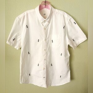 🌺RARE!! GAP S/S Oxford White Shirt w/ Hula Girl Embroidered Accents Size L